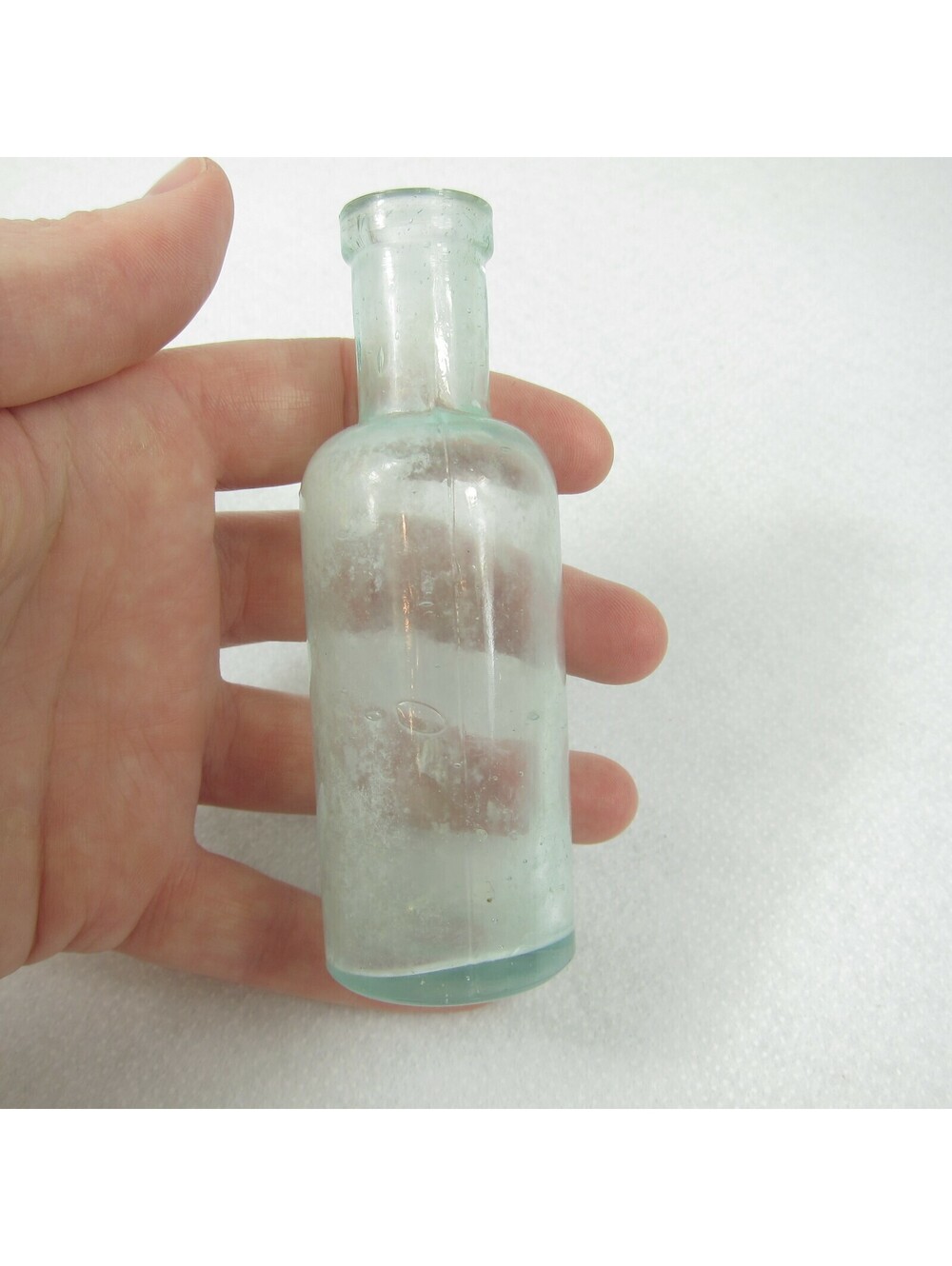 Antique mid-1800s Natural Green Glass Bottle 4" Blown In Mold - Lots of Bubbles!